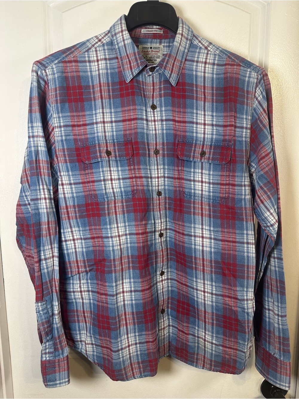 Lucky Brand Men’s Classic Fit Plaid Flannel Shirt Red Blue White Size Large